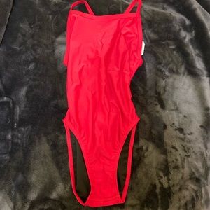 One piece red bathing suit